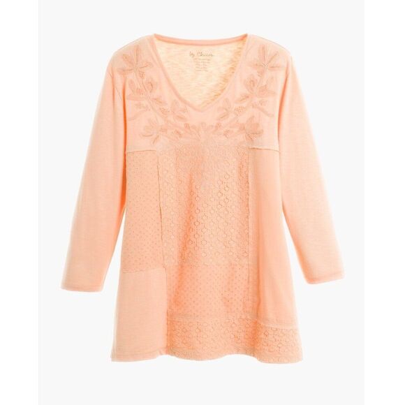 Chico's Slub Tee Size 1 (8) Medium Embroidered Lace Orange - Picture 2 of 13